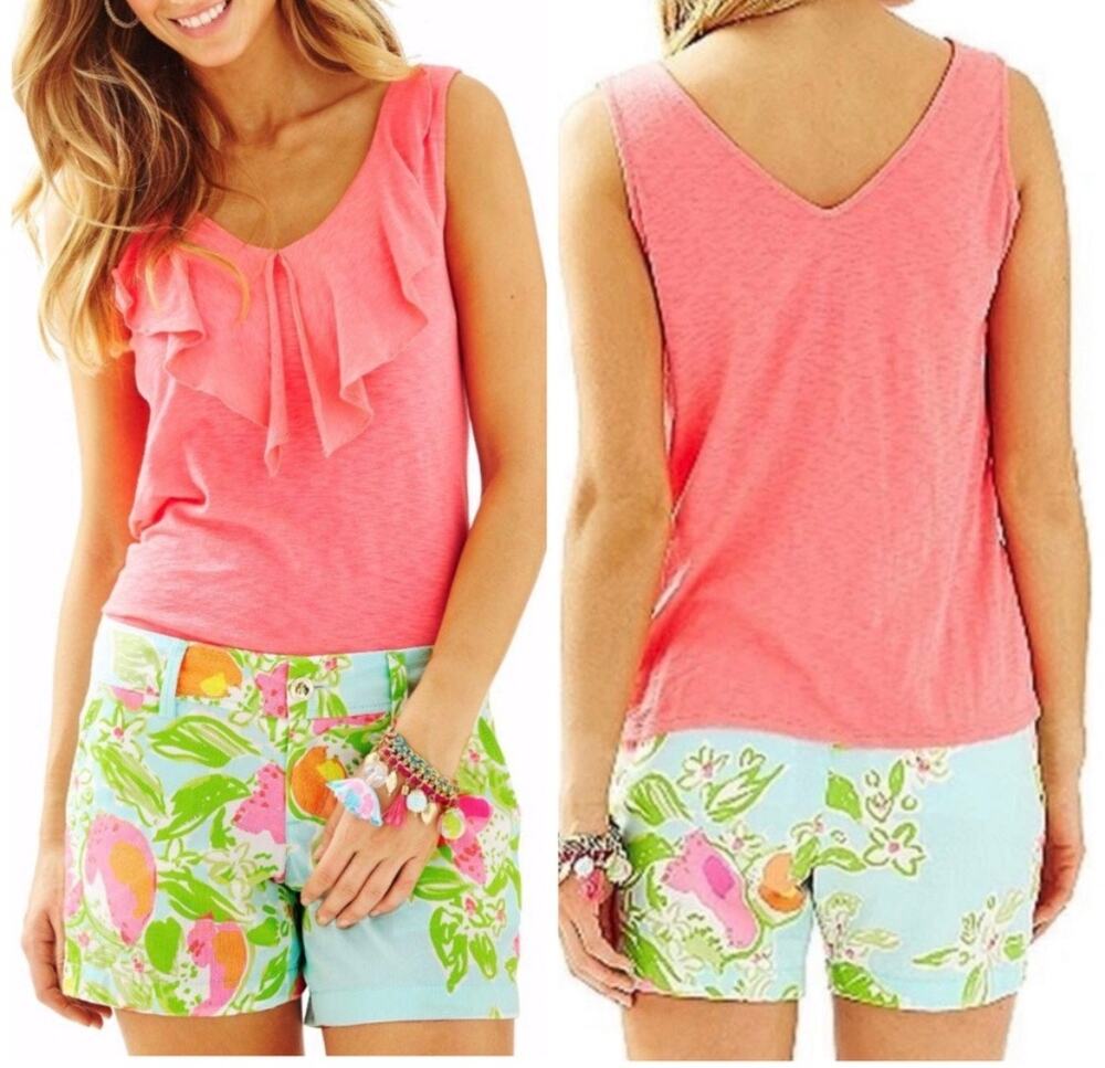 Lilly Pulitzer Shorts Callahan Pink Lemonade Pool Blue Cotton Lightweight Size 8